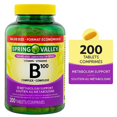 Spring Valley Vitamine B100 Complexe  Libération controlée - FORMAT ÉCONOMIQUE 200 Comprimés