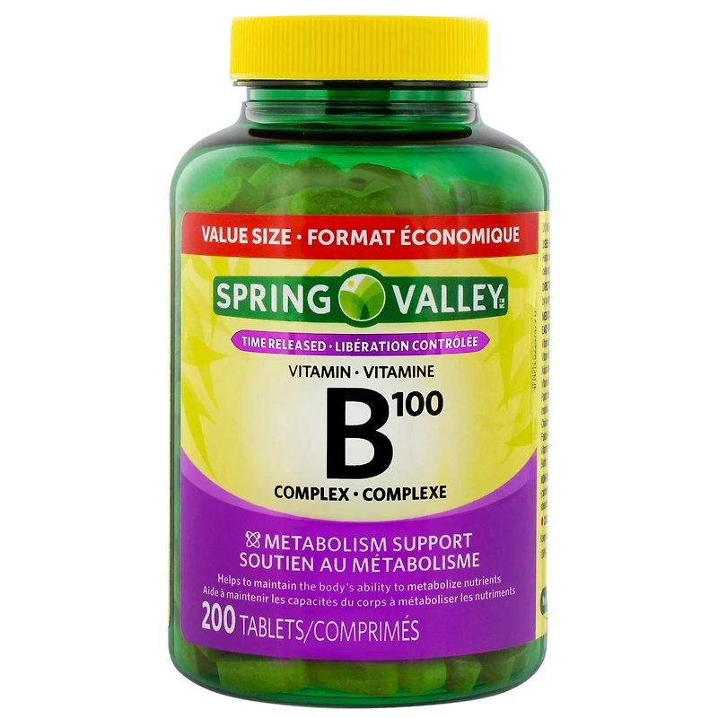 Spring Valley Vitamine B100 Complexe  Libération controlée - FORMAT ÉCONOMIQUE 200 Comprimés