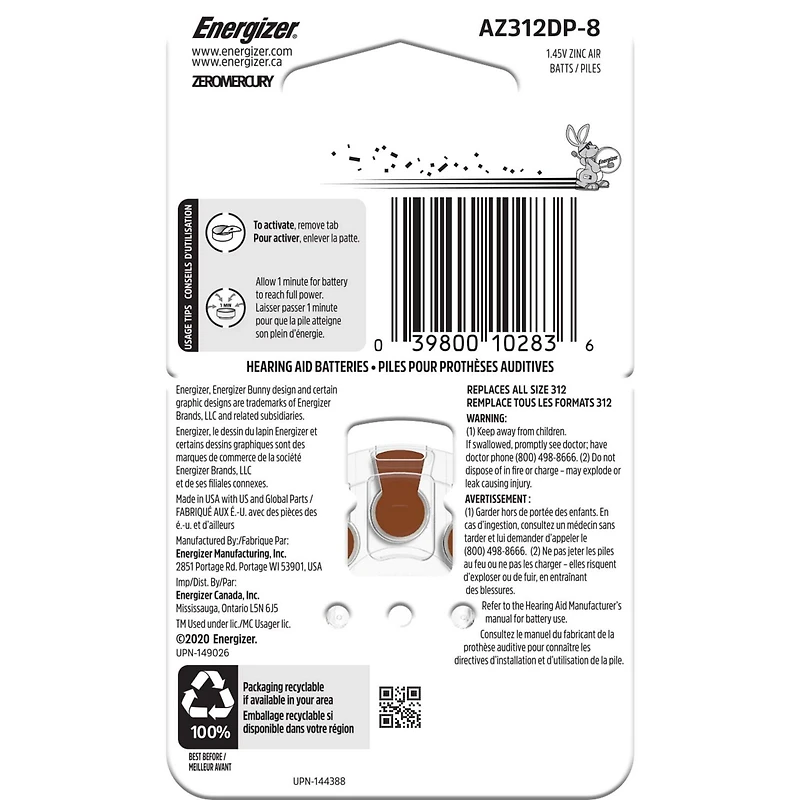 Energizer Ez Turn & Lock Size 312, 8-Pack, Brown, Size 312 batteries