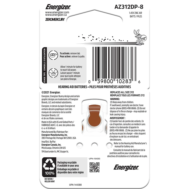 Energizer Ez Turn & Lock Size 312, 8-Pack, Brown, Size 312 batteries