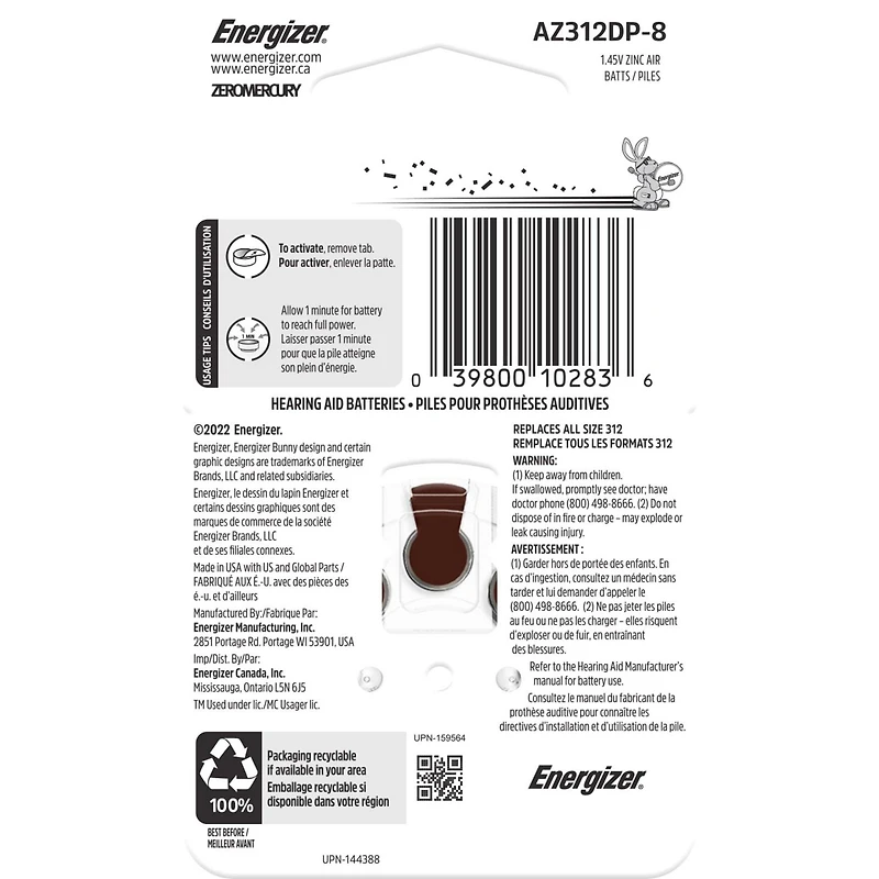 Energizer Ez Turn & Lock Size 312, 8-Pack, Brown, Size 312 batteries