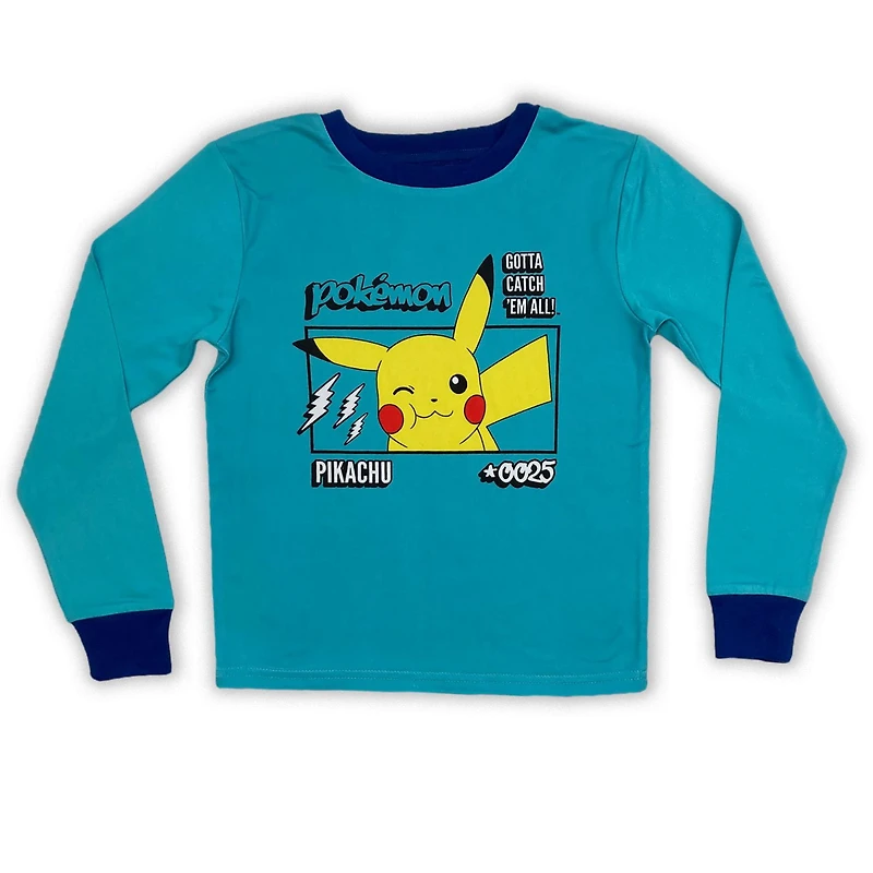 Pokemon Boy's pj set. This boy's 2 piece pj set has a long sleeve crew neck along with long pant with elastic waist band and