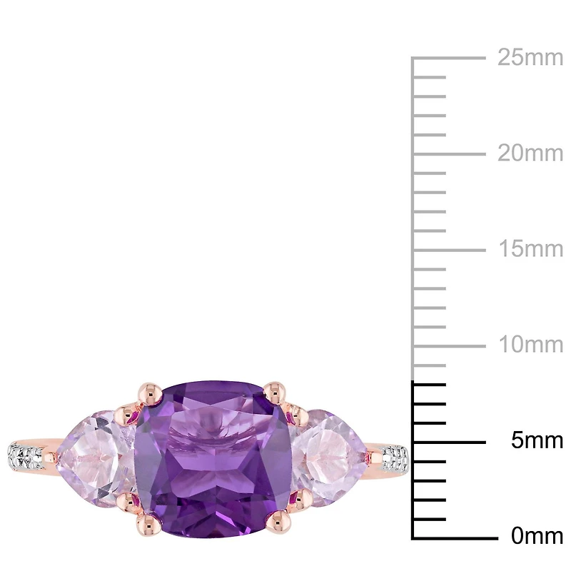 Bague cocktail à 3 pierres Tangelo avec améthyste et rose de France 2- 1/2 CT PBT et accent de diamants en argent sterling plaqué de rhodium rosé