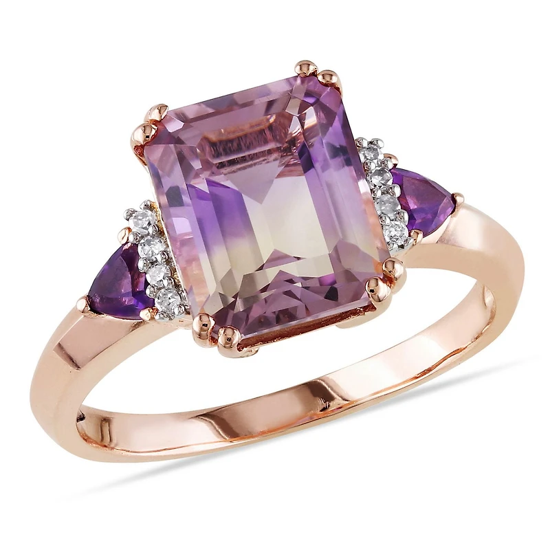 Bague cocktail à 3 pierres Tangelo avec amétrines et améthyste 3-1/2 CT PBT et accent de diamants en argent sterling plaqué de rhodium rosé