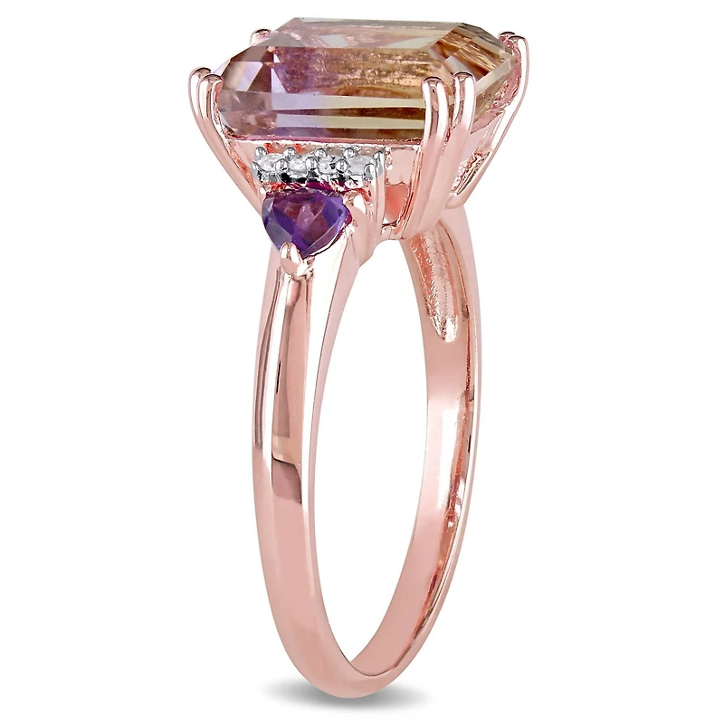 Bague cocktail à 3 pierres Tangelo avec amétrines et améthyste 3-1/2 CT PBT et accent de diamants en argent sterling plaqué de rhodium rosé