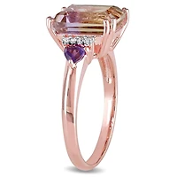 Bague cocktail à 3 pierres Tangelo avec amétrines et améthyste 3-1/2 CT PBT et accent de diamants en argent sterling plaqué de rhodium rosé