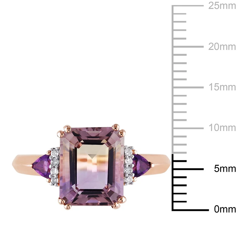 Bague cocktail à 3 pierres Tangelo avec amétrines et améthyste 3-1/2 CT PBT et accent de diamants en argent sterling plaqué de rhodium rosé