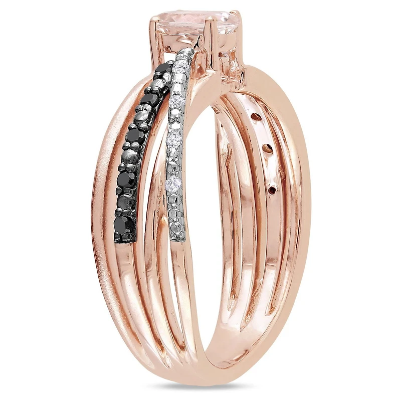 Bague entrecroisée Tangelo avec morganite 1/2 CT PBT et diamants noirs et blancs 1/7 CT poids total en argent sterling plaqué de rhodium rosé