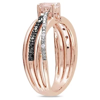 Bague entrecroisée Tangelo avec morganite 1/2 CT PBT et diamants noirs et blancs 1/7 CT poids total en argent sterling plaqué de rhodium rosé