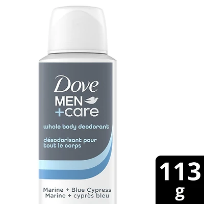 Déodorant pour tout le corps offrant une protection contre les odeurs pendant 72 heures Dove Men+Care Marine + Cyprès Bleu convient pour une utilisation des aisselles,aux parties intimes, aux pieds