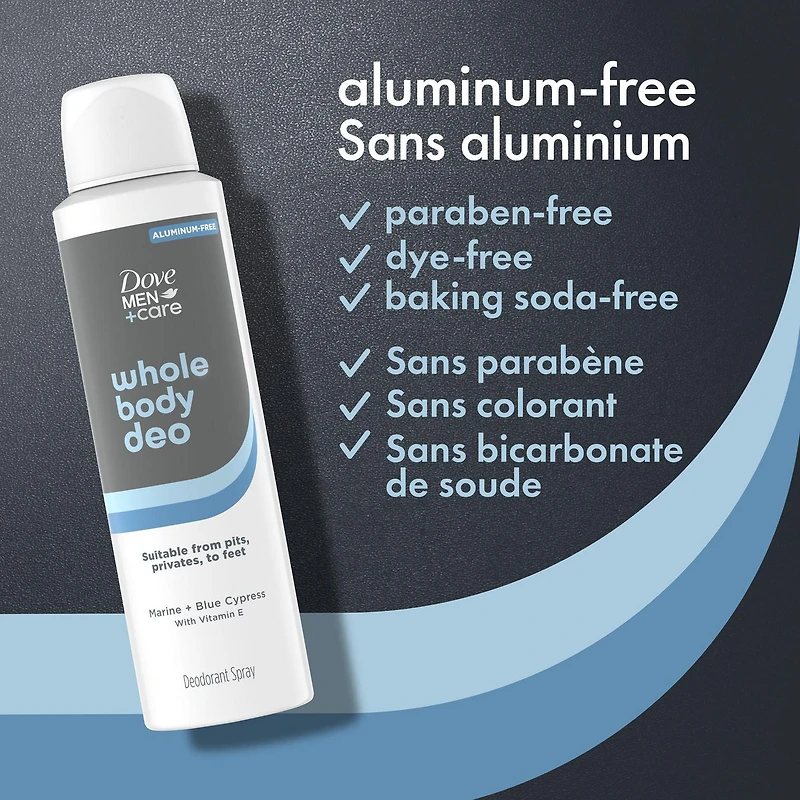 Déodorant pour tout le corps offrant une protection contre les odeurs pendant 72 heures Dove Men+Care Marine + Cyprès Bleu convient pour une utilisation des aisselles,aux parties intimes, aux pieds