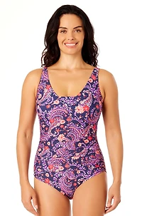 Lands' End Women's Size S-XXL Nylon Spandex Grecian One-Piece Swimsuit with Shirring Detail