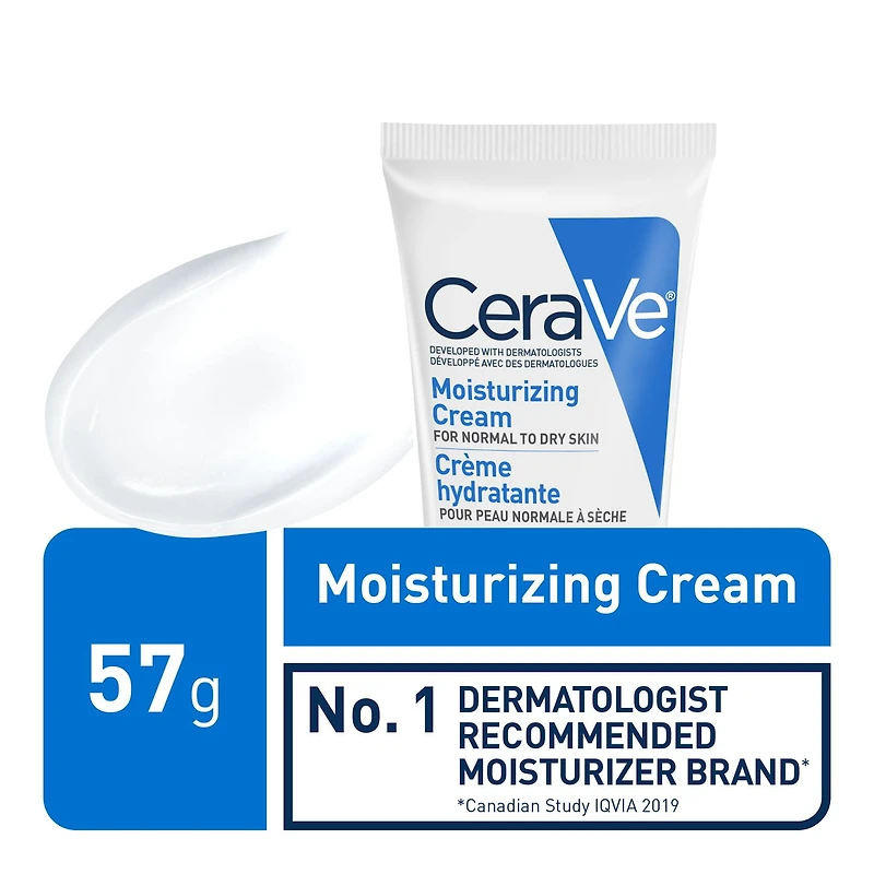 CeraVe Moisturizing Cream with 3 Ceramides and Hyaluronic Acid | Daily Face, Body and Hand Moisturizer for Normal to Dry Skin, Women & Men | Non-Comedogenic, Oil-free, and Fragrance Free - Travel Size, 57 G, 57g
