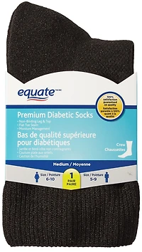 Equate Premium Diabetic Socks - Medium, One pair of Medium black diabetic socks.