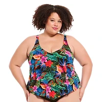 Krista Plus Women's V Neck Mesh Tiered Ruffle Tankini Swim Top