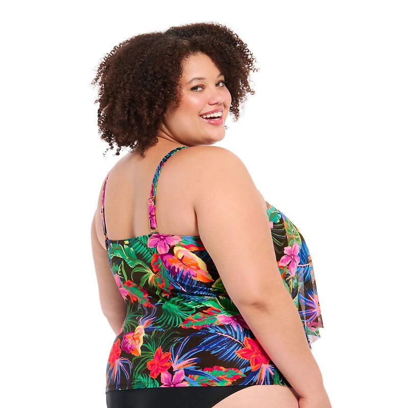 Krista Plus Women's V Neck Mesh Tiered Ruffle Tankini Swim Top