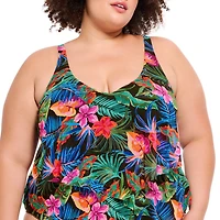 Krista Plus Women's V Neck Mesh Tiered Ruffle Tankini Swim Top