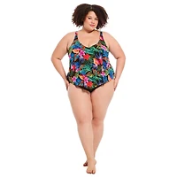 Krista Plus Women's V Neck Mesh Tiered Ruffle Tankini Swim Top