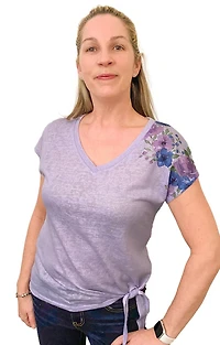 Time Square Women's Linen Look Front Tie Knot Top with print