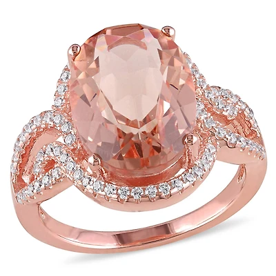 Tangelo Carat T.G.W. Simulated Morganite and Cubic Zirconia Rose Rhodium-Plated Sterling Silver Halo Cocktail Ring
