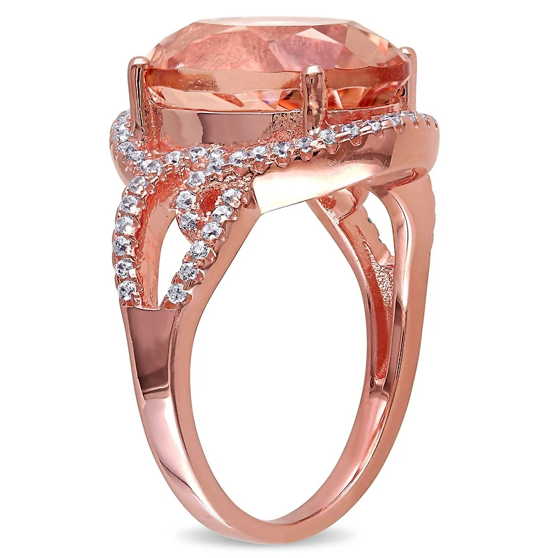 Tangelo Carat T.G.W. Simulated Morganite and Cubic Zirconia Rose Rhodium-Plated Sterling Silver Halo Cocktail Ring