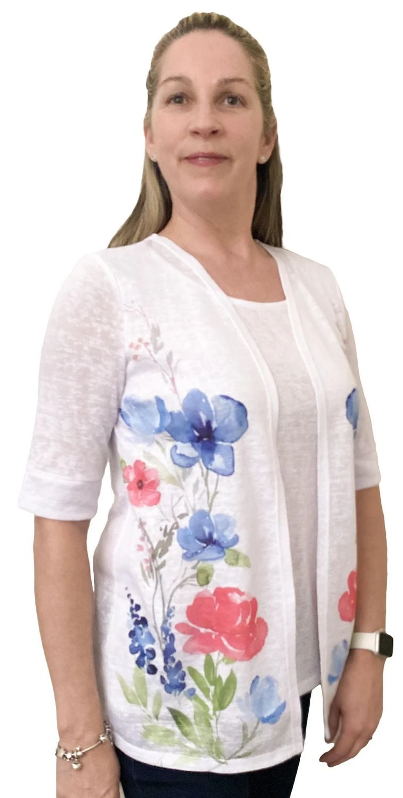 Time Square Women's Short Sleeve Linen-Look Fooler Cardigan with Print