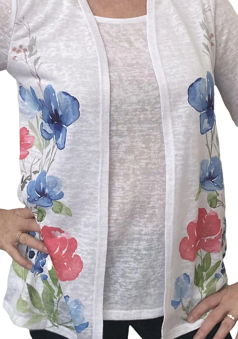 Time Square Women's Short Sleeve Linen-Look Fooler Cardigan with Print