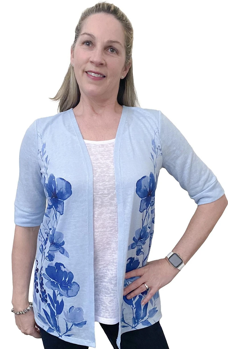 Time Square Women's Short Sleeve Linen-Look Fooler Cardigan with Print