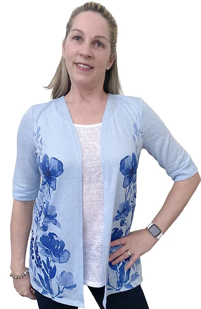 Time Square Women's Short Sleeve Linen-Look Fooler Cardigan with Print