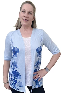 Time Square Women's Short Sleeve Linen-Look Fooler Cardigan with Print