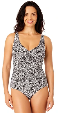 Lands' End Women's Size S-XXL Nylon Spandex V Neck One-Piece Swimsuit with Shirring Detail