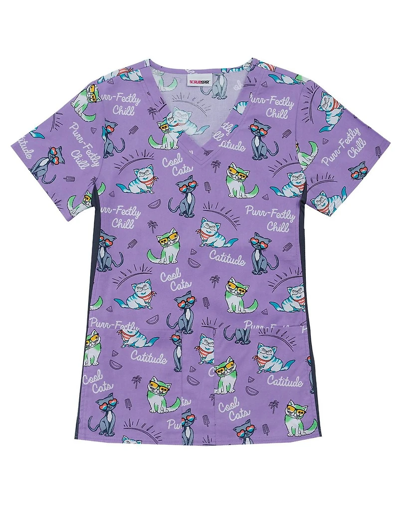 Purrfectly Chill V-Neck Print Scrub Top