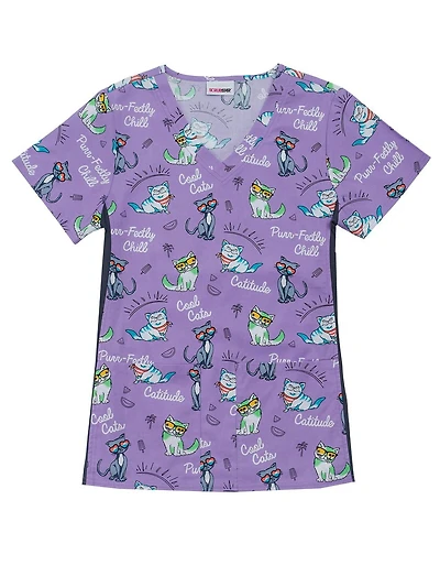 Purrfectly Chill V-Neck Print Scrub Top