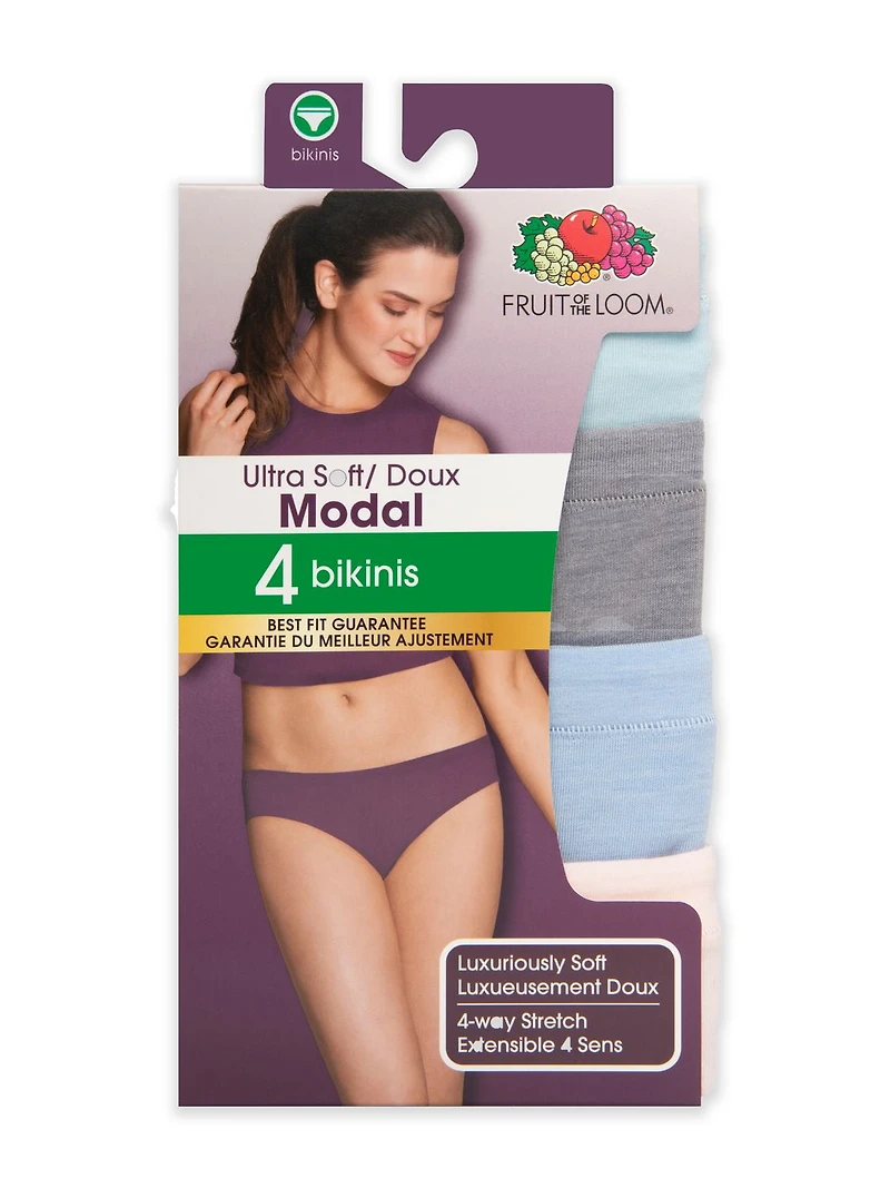 Bikini en doux modal Fruit of the Loom pour femmes, paquet de 4 Taille : 5 - 8