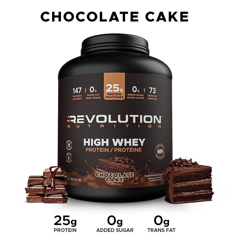 Revolution Nutrition, High Whey, Poudre de Protéines 6LB, Isolat de Lactosérum, 25 g de Protéines par Dosette, 2700 g, 73 Portions, Sans Gluten, Masse Musculaire Maigre pour Hommes et Femmes, Gâteau au Chocolat (6 Livres)