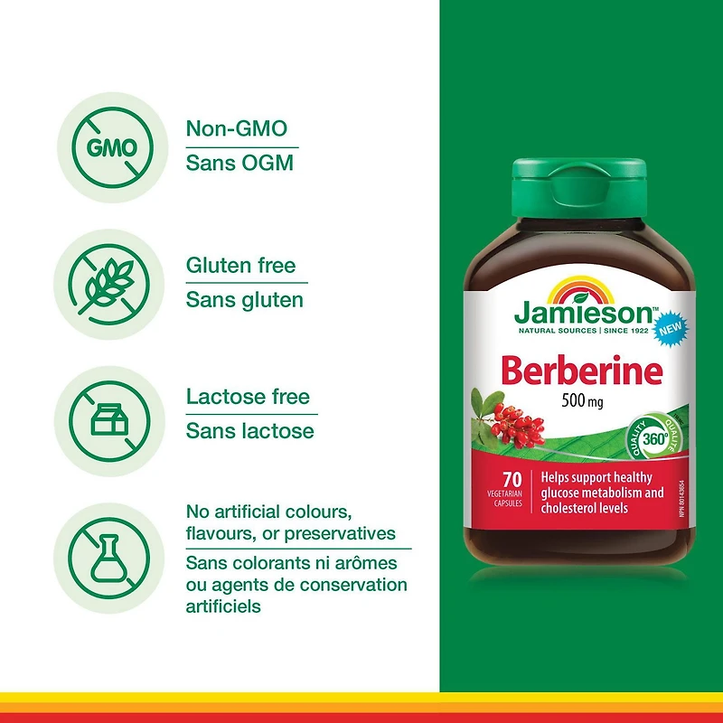 Jamieson capsules de berbérine, 500 mg, végétérienne, 70 capsules