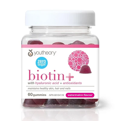 Youtheory gummies biotine+ sans sucre, saveur de melon d'eau, 60 gummies