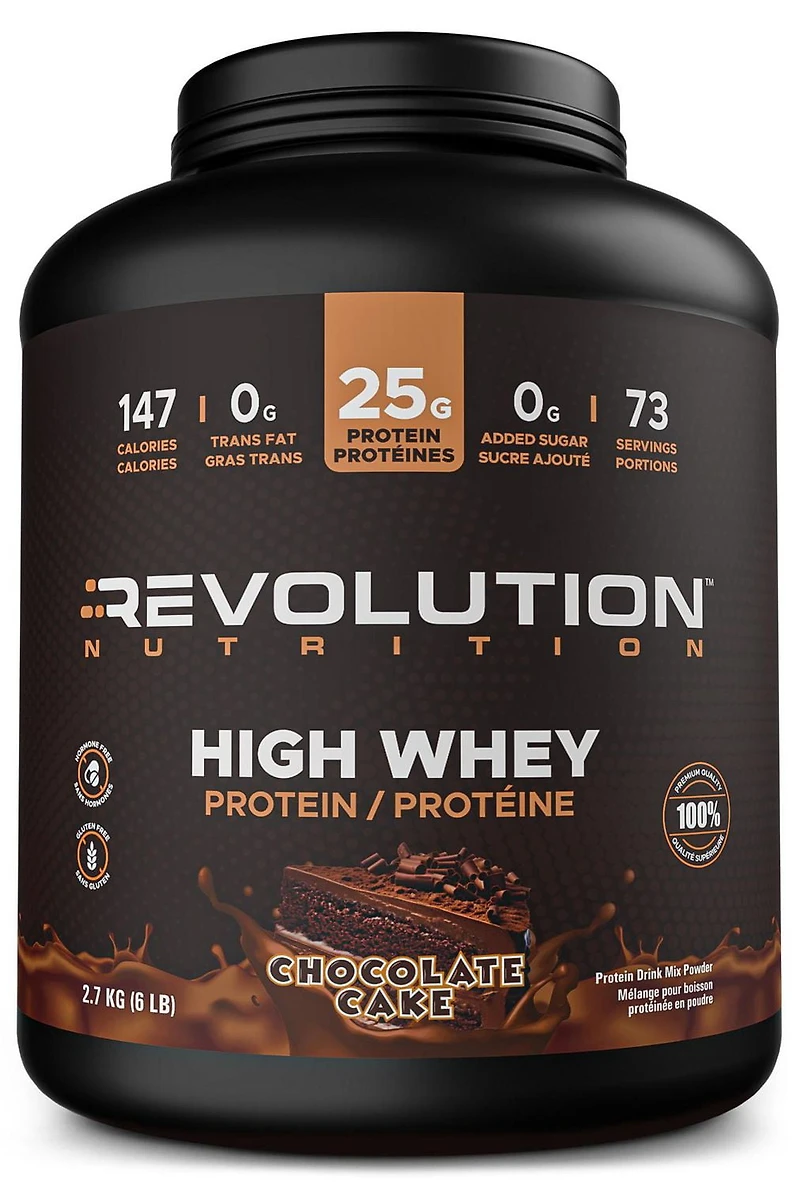 Revolution Nutrition, High Whey, Poudre de Protéines 6LB, Isolat de Lactosérum, 25 g de Protéines par Dosette, 2700 g, 73 Portions, Sans Gluten, Masse Musculaire Maigre pour Hommes et Femmes, Gâteau au Chocolat (6 Livres)