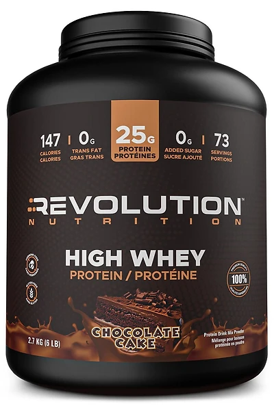 Revolution Nutrition, High Whey, Poudre de Protéines 6LB, Isolat de Lactosérum, 25 g de Protéines par Dosette, 2700 g, 73 Portions, Sans Gluten, Masse Musculaire Maigre pour Hommes et Femmes, Gâteau au Chocolat (6 Livres)