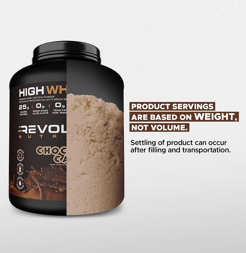 Revolution Nutrition, High Whey, Poudre de Protéines 6LB, Isolat de Lactosérum, 25 g de Protéines par Dosette, 2700 g, 73 Portions, Sans Gluten, Masse Musculaire Maigre pour Hommes et Femmes, Gâteau au Chocolat (6 Livres)