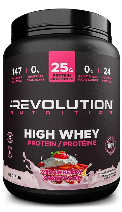 Revolution Nutrition, High Whey, Poudre de Protéines 2LB, Isolat de Lactosérum, 25 g de Protéines par Dosette, 908 g, 24 Portions, Sans Gluten, Masse Musculaire Maigre pour Hommes et Femmes, Shortcake à la Fraise (2 Livres)