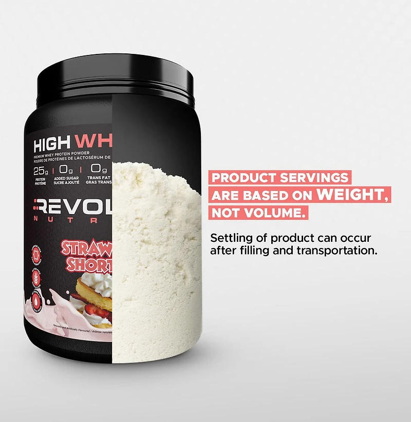 Revolution Nutrition, High Whey, Poudre de Protéines 2LB, 25 g de Protéines par Dosette, 908 g, 24 Portions, Sans Gluten, Masse Musculaire Maigre pour Hommes et Femmes, Shortcake à la Fraise (2 Livres)