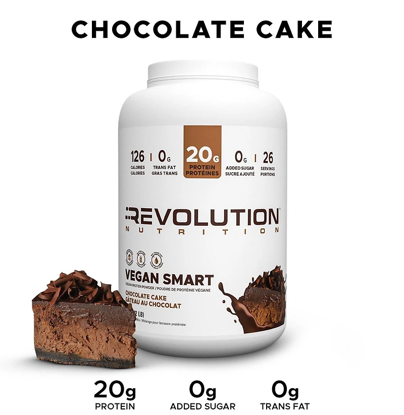 Revolution Nutrition, Vegan Smart, Vegan Protein Powder, 20g Of Protein Per Scoop, 908g, 26 Servings, Dairy Free, Plant Based, Sugar Free, Soy Free, Keto Friendly, For Men & Women, Chocolate Cake (2 Pounds)