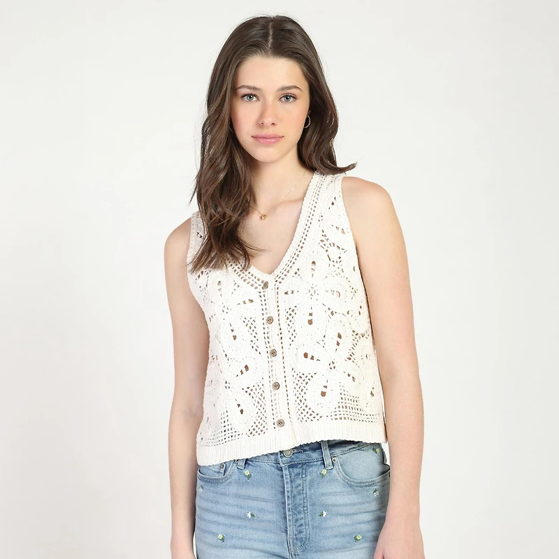 Bloom Girl, Button Front Crochet Vest, Sizes XS-XL