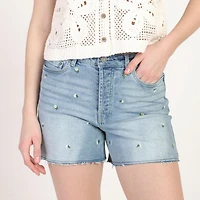 Bloom Girl, Frayed Hem Embroidered Denim Shorts, Sizes XS-XL