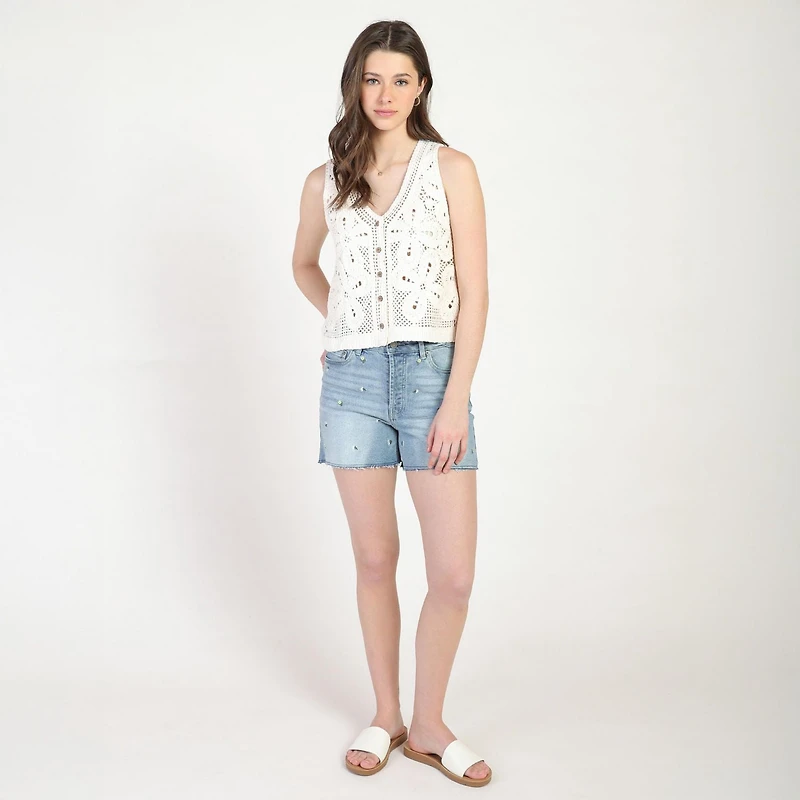 Bloom Girl, short en jean brodé à ourlet effiloché, tailles TP à TG
