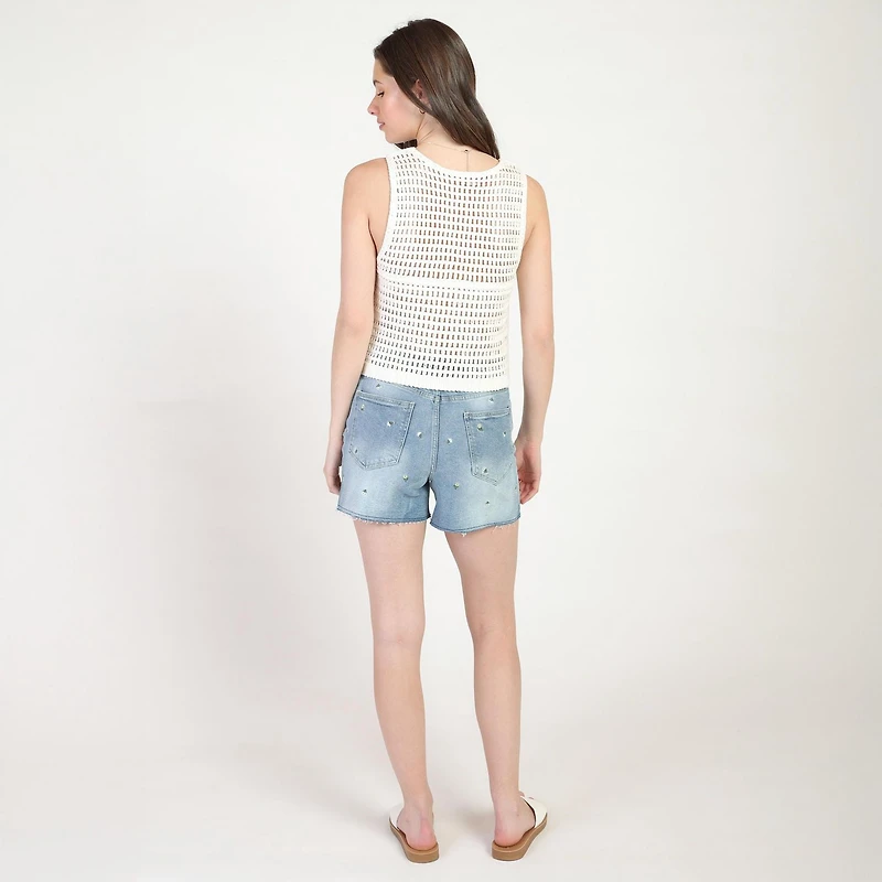 Bloom Girl, short en jean brodé à ourlet effiloché, tailles TP à TG