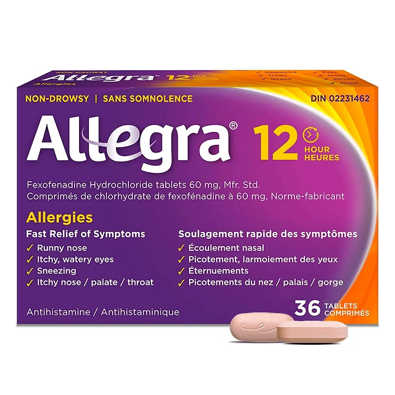 Allegra 12 heures, médicament contre les allergies, sans somnolence, rapide et efficace, soulage les éternuements, les larmoiements et les picotements de la gorge, 60 mg de chlorhydrate de fexofénadine, 36 comprimés 36 comprimés