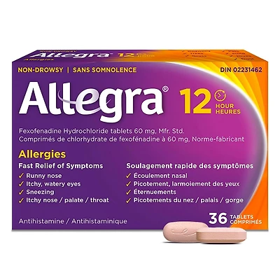 Allegra 12 heures, médicament contre les allergies, sans somnolence, rapide et efficace, soulage les éternuements, les larmoiements et les picotements de la gorge, 60 mg de chlorhydrate de fexofénadine, 36 comprimés 36 comprimés