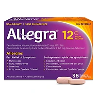 Allegra 12 heures, médicament contre les allergies, sans somnolence, rapide et efficace, soulage les éternuements, les larmoiements et les picotements de la gorge, 60 mg de chlorhydrate de fexofénadine, 36 comprimés 36 comprimés